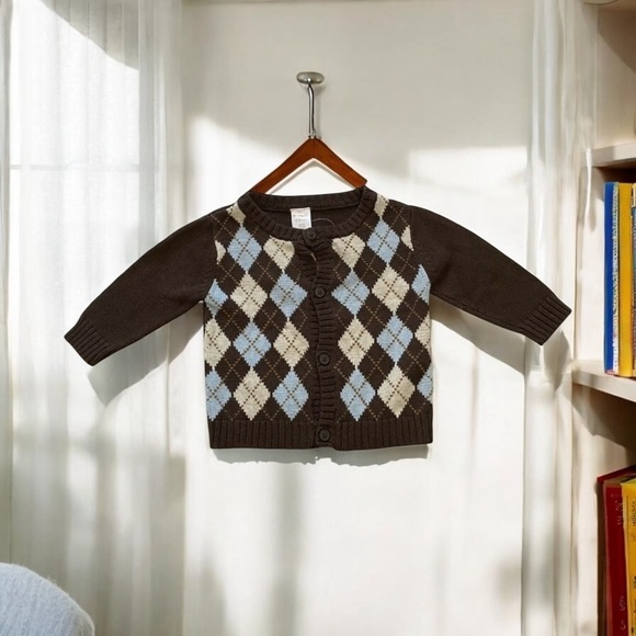 Gymboree Baby Boy Argyle Sweater Brown Blue Cream Button Front 6-12 Mont… - Picture 1 of 6